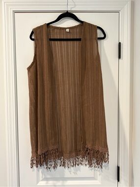 SHEIN Brown Crochet Fringe Open Vest